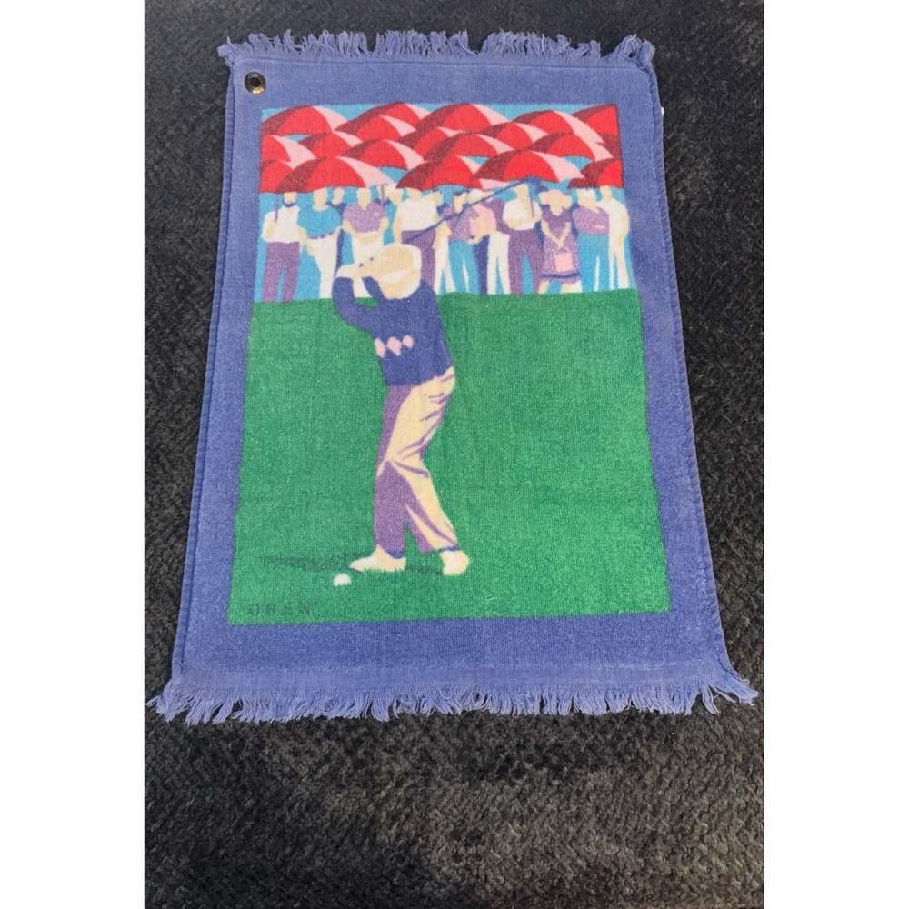 Vintage Hilasal Golf Towel 100% Cotton Blue Graphic Golfer Fringed Grommet